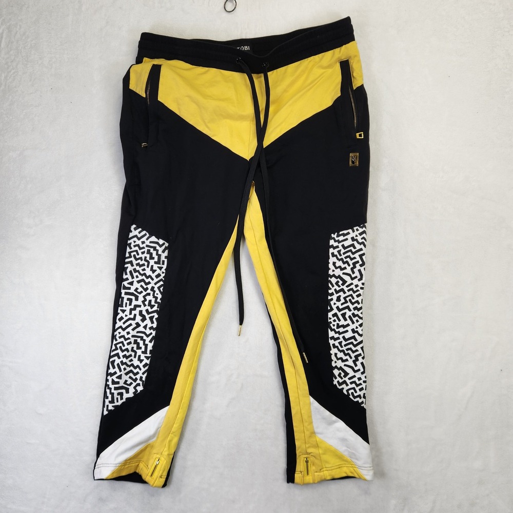 Makobi Mens Colorblock Jogger Pants Black Yellow‎ Geometric M555 XL